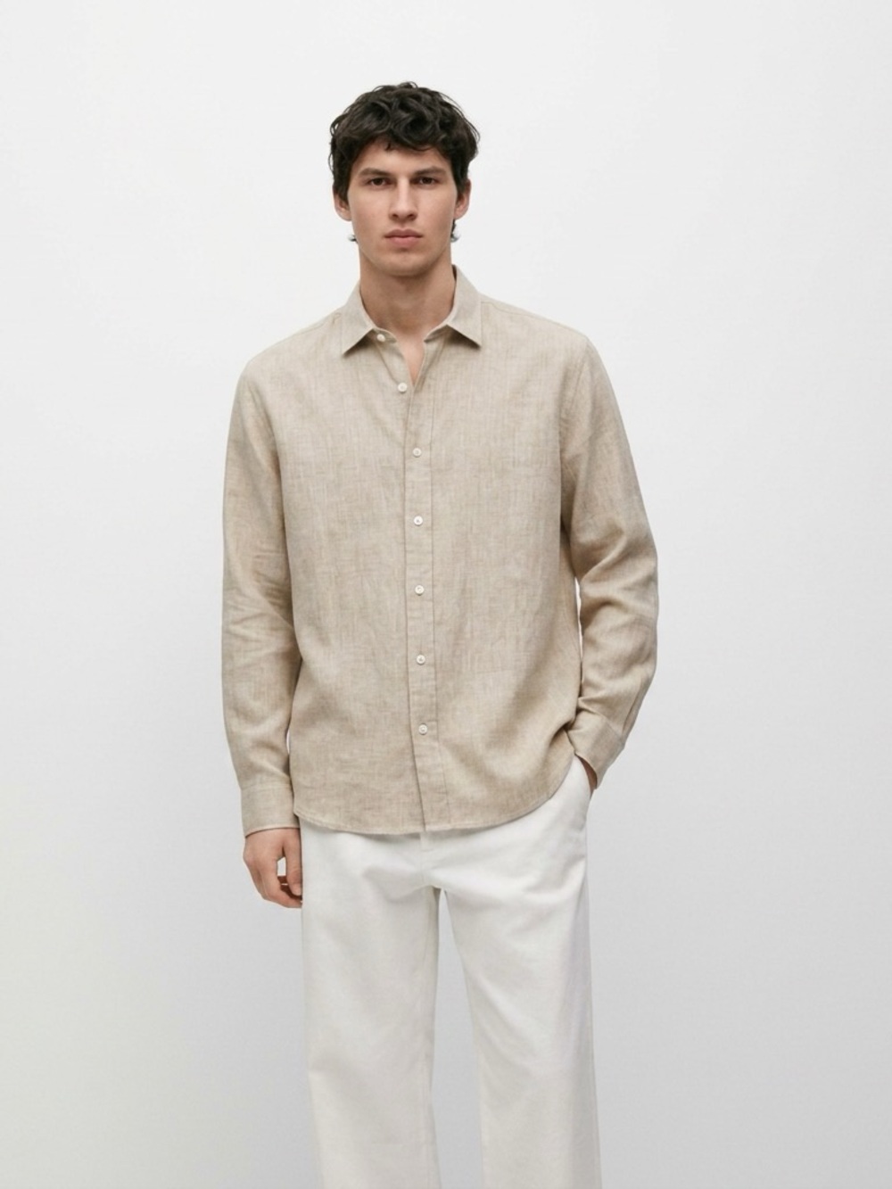 Massimo Dutti Beige Linen Casual Button-Down Shirt